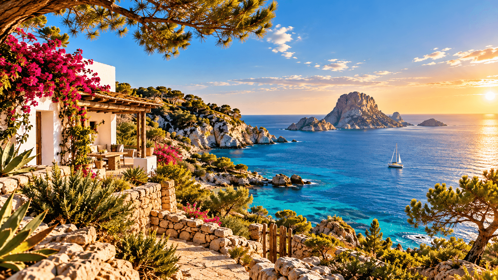 Costa rocosa de Eivissa entre pinos, buganvillas y mar al atardecer