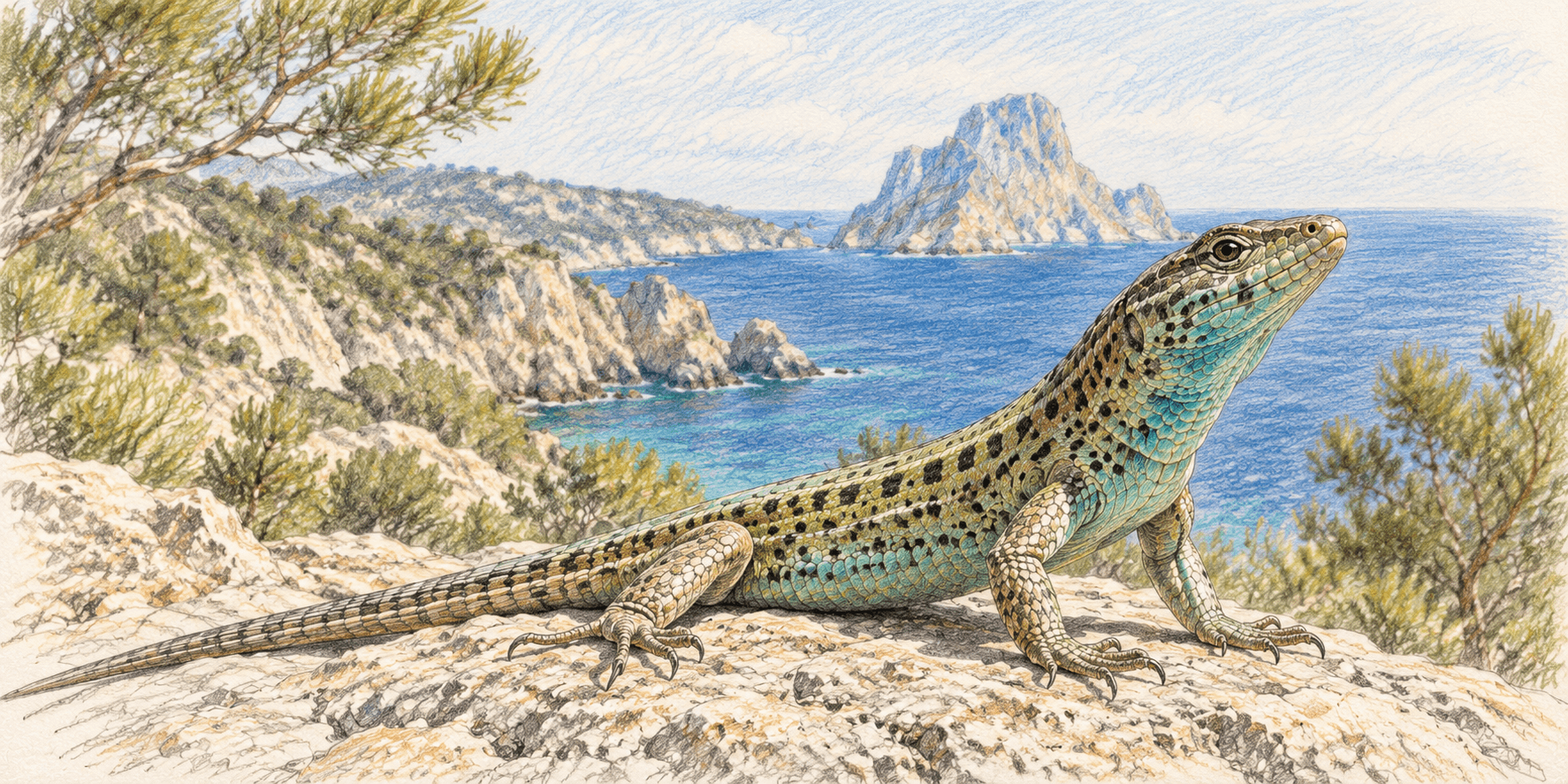 Ilustración a lápiz de una sargantana eivissenca frente a Es Vedrà