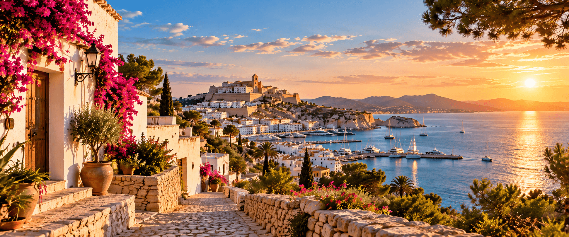 Casas blancas junto a una cala de Eivissa en la luz cálida de la tarde